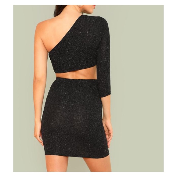 Black Glitter One Shoulder Crop Top Skirt Set - Picture 3 of 5